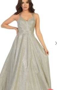 Royal Queen RQ7751 Metallic Silver Vneck A line Gown With Cutouts Sz 2